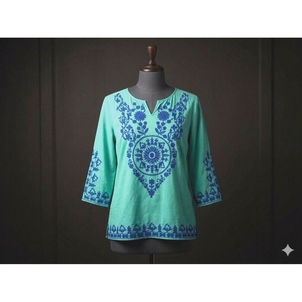 Chico's Boho Embroidered Turquoise Tunic Indigo Blue Embroidery 3/4 Sleeve S 2